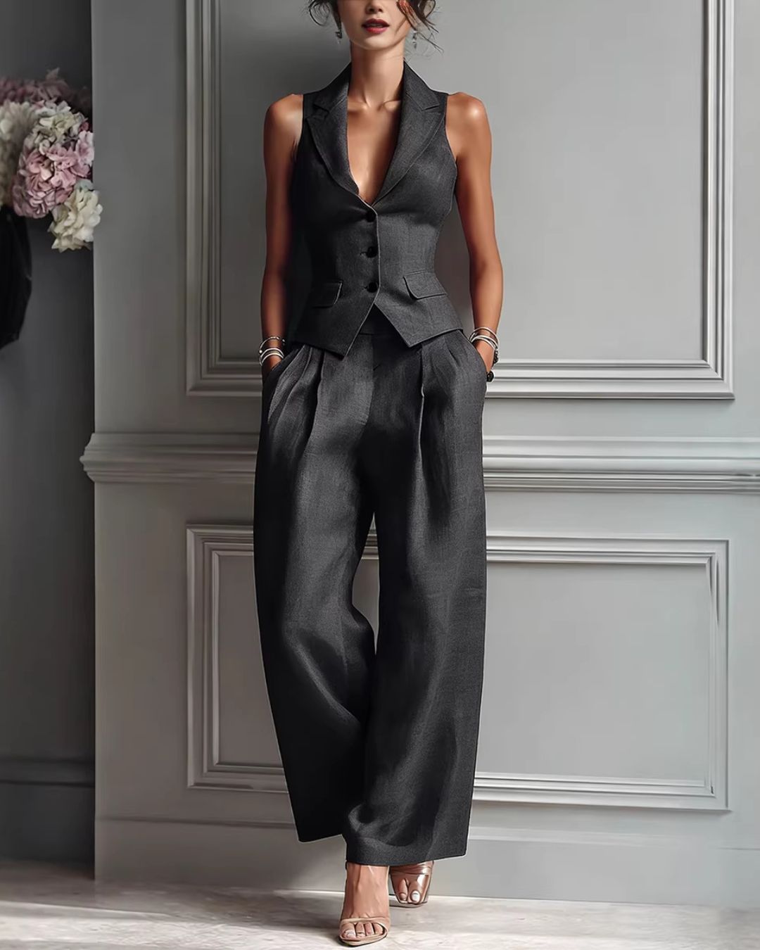 Willluxe® Tailored Waistcoat and Pleated Wide Leg Pants Set Structured Two-Piece Elegant Work Outfit