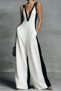 Willluxe® Monochrome Stripe Jumpsuit Deep V-Neck Wide Leg Elegant Tailored Outfit