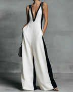 Willluxe® Monochrome Stripe Jumpsuit Deep V-Neck Wide Leg Elegant Tailored Outfit