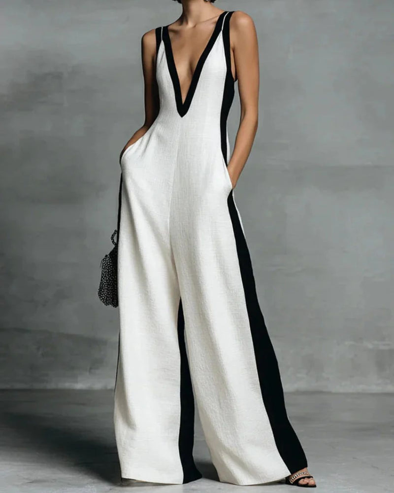 Willluxe® Monochrome Stripe Jumpsuit Deep V-Neck Wide Leg Elegant Tailored Outfit