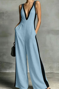 Willluxe® Monochrome Stripe Jumpsuit Deep V-Neck Wide Leg Elegant Tailored Outfit