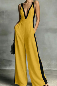 Willluxe® Monochrome Stripe Jumpsuit Deep V-Neck Wide Leg Elegant Tailored Outfit