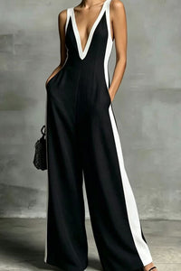 Willluxe® Monochrome Stripe Jumpsuit Deep V-Neck Wide Leg Elegant Tailored Outfit