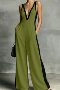 Willluxe® Monochrome Stripe Jumpsuit Deep V-Neck Wide Leg Elegant Tailored Outfit