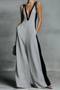 Willluxe® Monochrome Stripe Jumpsuit Deep V-Neck Wide Leg Elegant Tailored Outfit