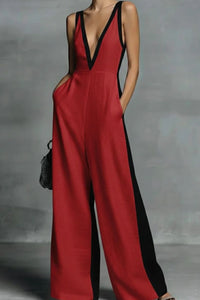 Willluxe® Monochrome Stripe Jumpsuit Deep V-Neck Wide Leg Elegant Tailored Outfit