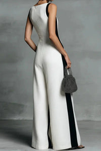 Willluxe® Monochrome Stripe Jumpsuit Deep V-Neck Wide Leg Elegant Tailored Outfit