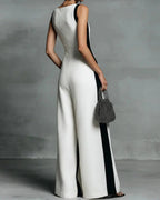 Willluxe® Monochrome Stripe Jumpsuit Deep V-Neck Wide Leg Elegant Tailored Outfit