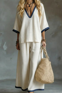 Willluxe® Coastal Muse Two-Piece Set Deep V Contrast Trim Relaxed Fit Set