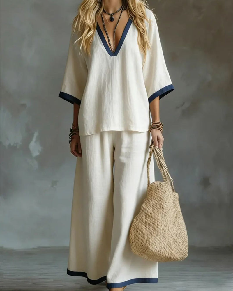 Willluxe® Coastal Muse Two-Piece Set Deep V Contrast Trim Relaxed Fit Set