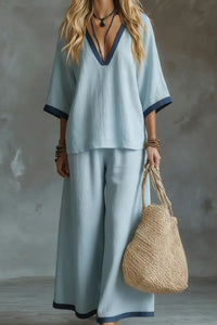 Willluxe® Coastal Muse Two-Piece Set Deep V Contrast Trim Relaxed Fit Set