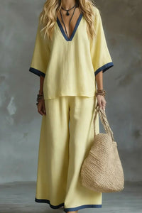 Willluxe® Coastal Muse Two-Piece Set Deep V Contrast Trim Relaxed Fit Set