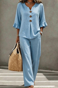 Willluxe® Vacation Two-Piece Set Ruffle Sleeve Top Button Relaxed Outfit