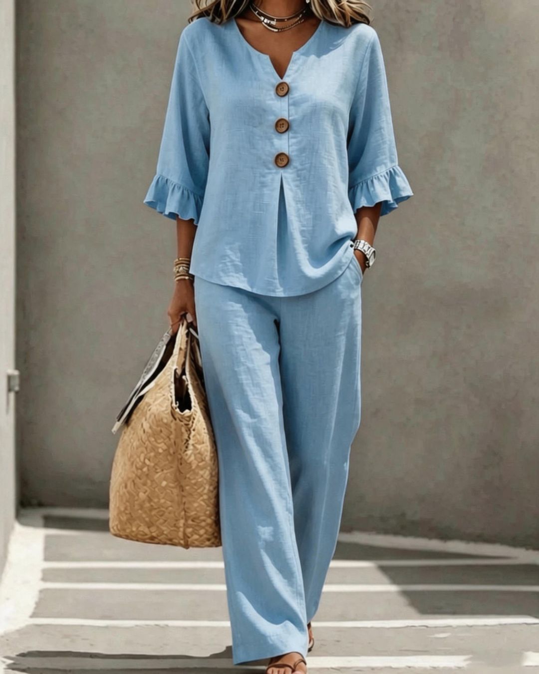 Willluxe® Vacation Two-Piece Set Ruffle Sleeve Top Button Relaxed Outfit