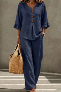 Willluxe® Vacation Two-Piece Set Ruffle Sleeve Top Button Relaxed Outfit