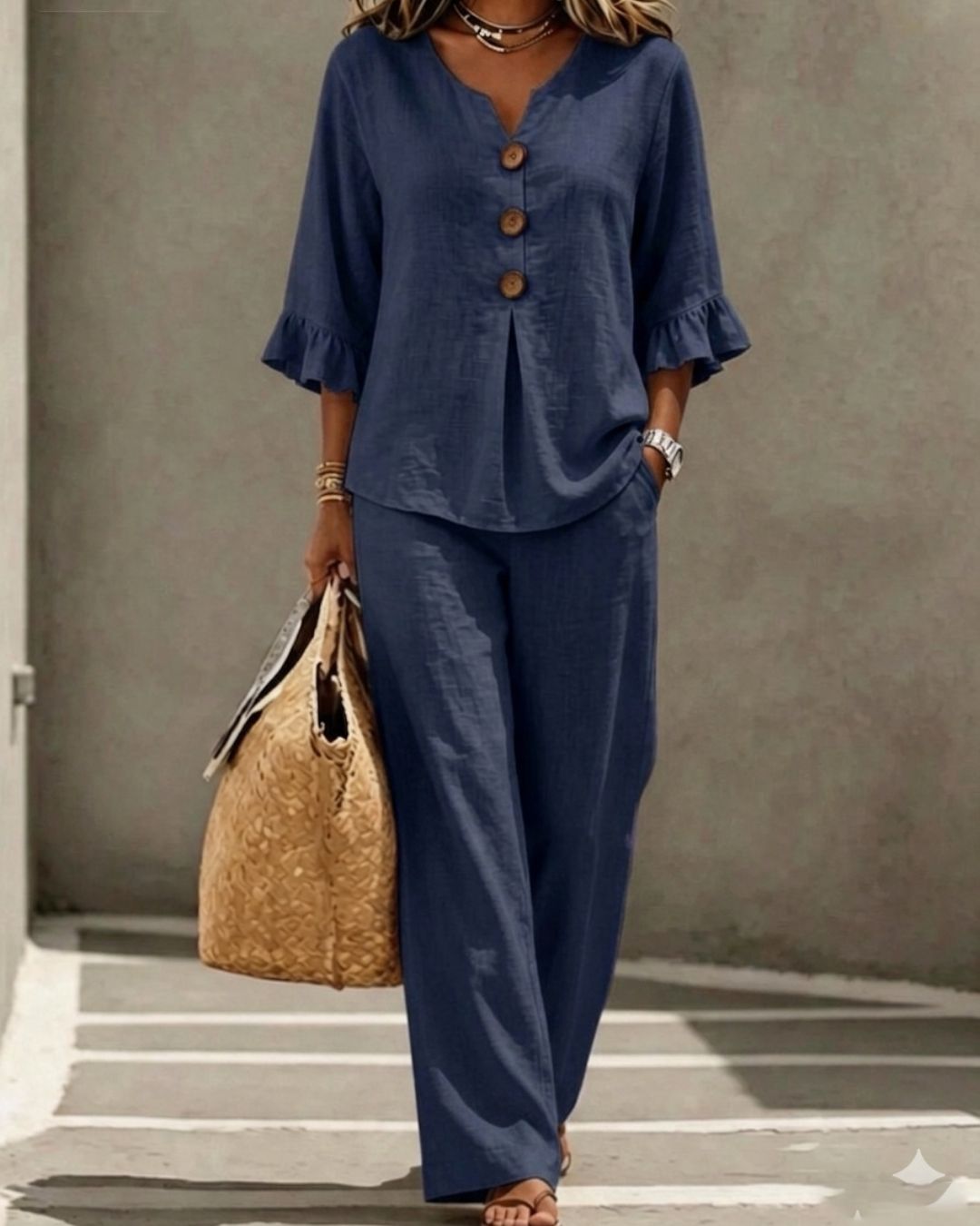 Willluxe® Vacation Two-Piece Set Ruffle Sleeve Top Button Relaxed Outfit