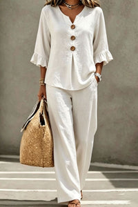 Willluxe® Vacation Two-Piece Set Ruffle Sleeve Top Button Relaxed Outfit