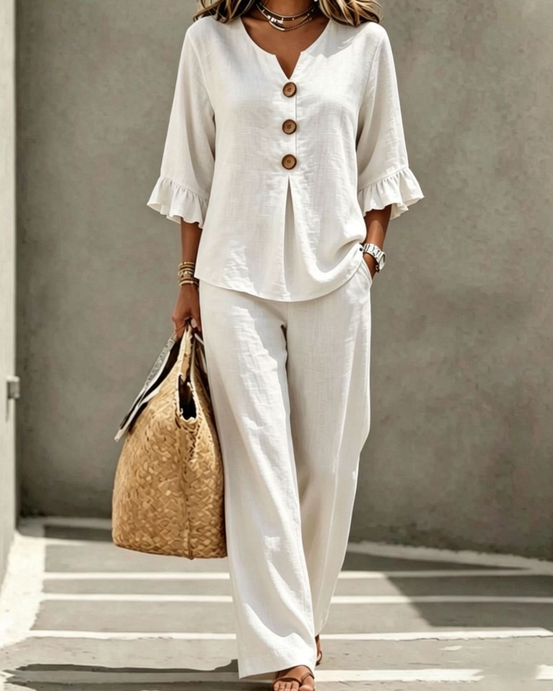 Willluxe® Vacation Two-Piece Set Ruffle Sleeve Top Button Relaxed Outfit