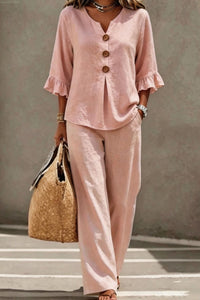 Willluxe® Vacation Two-Piece Set Ruffle Sleeve Top Button Relaxed Outfit