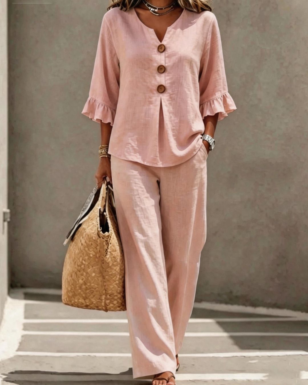 Willluxe® Vacation Two-Piece Set Ruffle Sleeve Top Button Relaxed Outfit