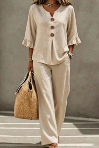 Willluxe® Vacation Two-Piece Set Ruffle Sleeve Top Button Relaxed Outfit