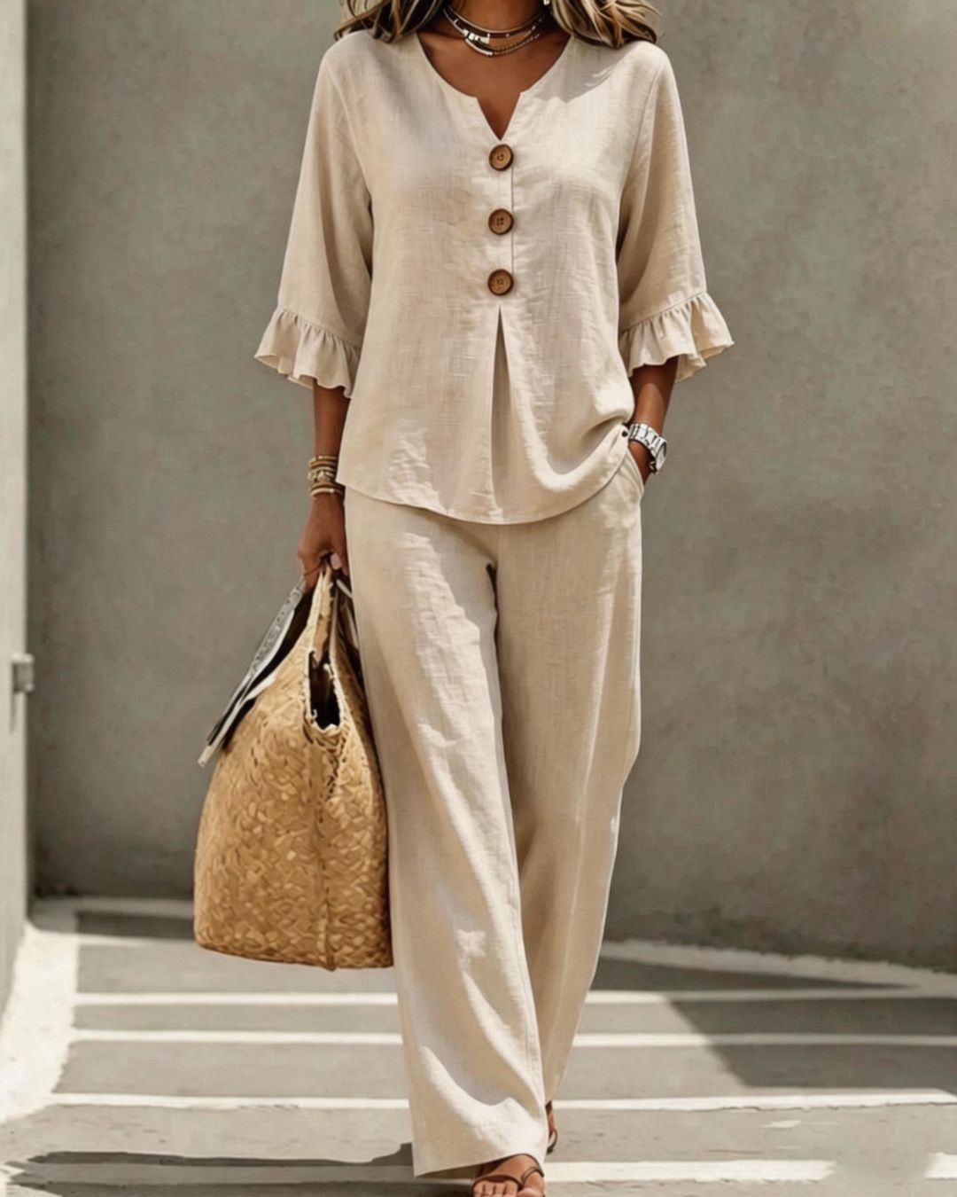 Willluxe® Vacation Two-Piece Set Ruffle Sleeve Top Button Relaxed Outfit