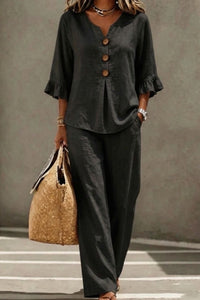 Willluxe® Vacation Two-Piece Set Ruffle Sleeve Top Button Relaxed Outfit