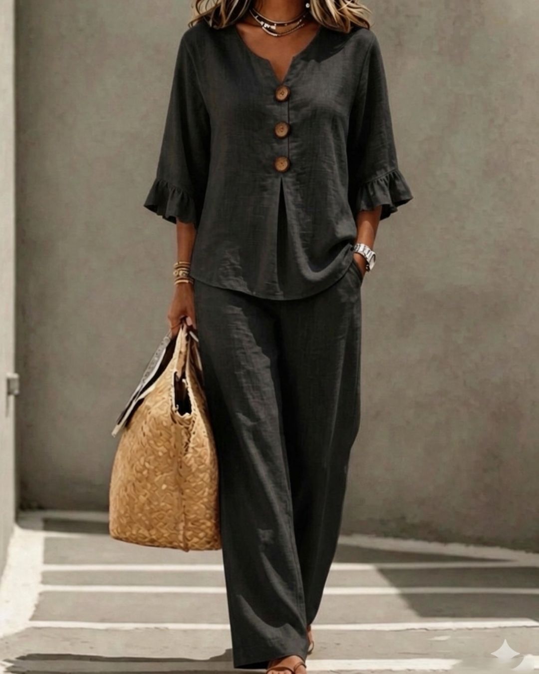 Willluxe® Vacation Two-Piece Set Ruffle Sleeve Top Button Relaxed Outfit