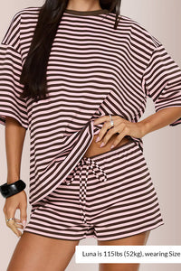 Willluxe® Oversized Tee & Drawstring Shorts Striped Lounge Set