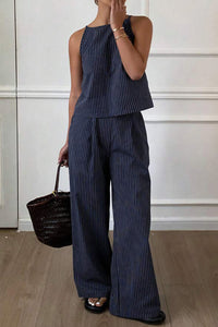 Willluxe® Minimalist Striped Drawstring Halter Top & Wide Leg Pants Set
