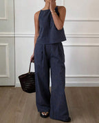 Willluxe® Minimalist Striped Drawstring Halter Top & Wide Leg Pants Set