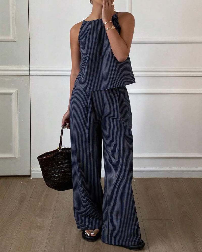 Willluxe® Minimalist Striped Drawstring Halter Top & Wide Leg Pants Set