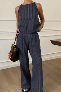 Willluxe® Minimalist Striped Drawstring Halter Top & Wide Leg Pants Set