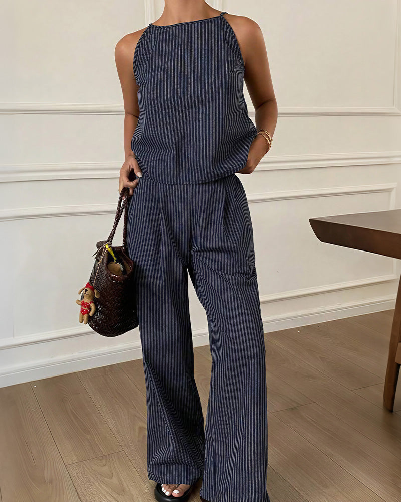 Willluxe® Minimalist Striped Drawstring Halter Top & Wide Leg Pants Set