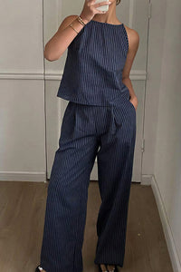 Willluxe® Minimalist Striped Drawstring Halter Top & Wide Leg Pants Set