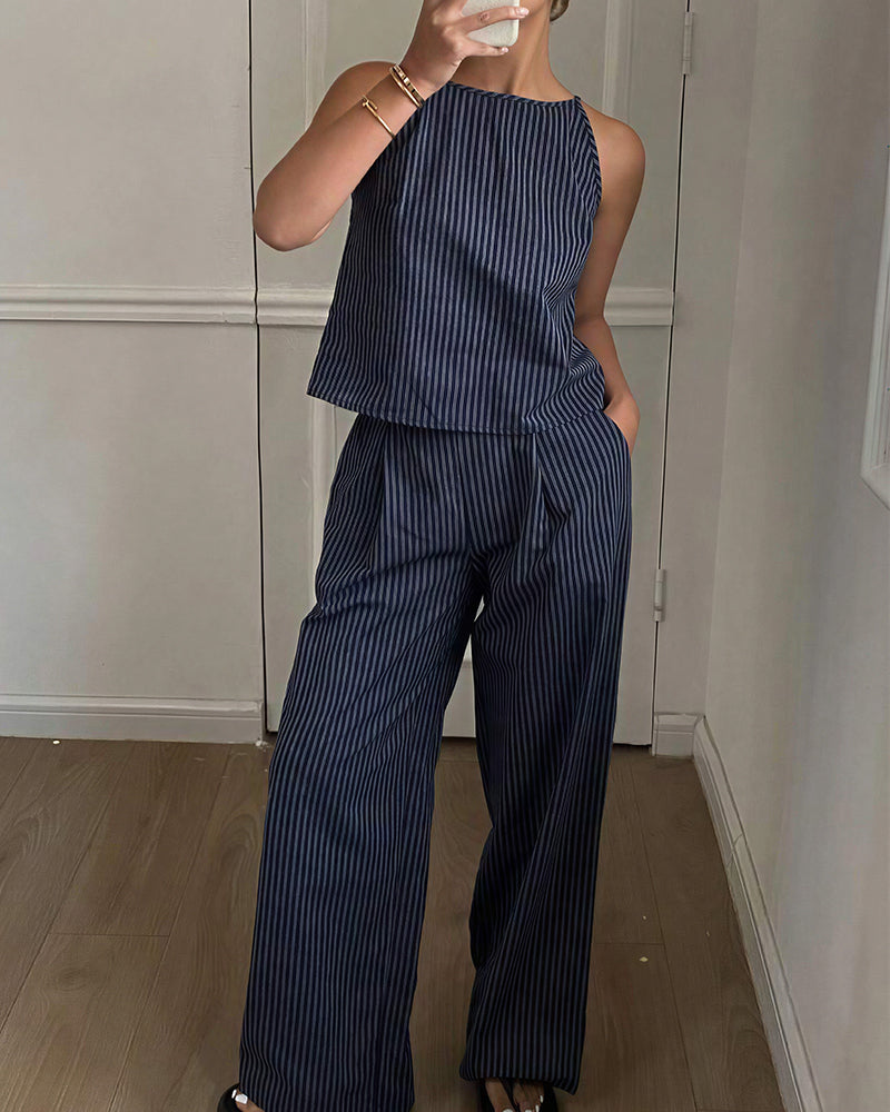 Willluxe® Minimalist Striped Drawstring Halter Top & Wide Leg Pants Set