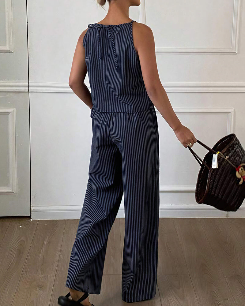 Willluxe® Minimalist Striped Drawstring Halter Top & Wide Leg Pants Set