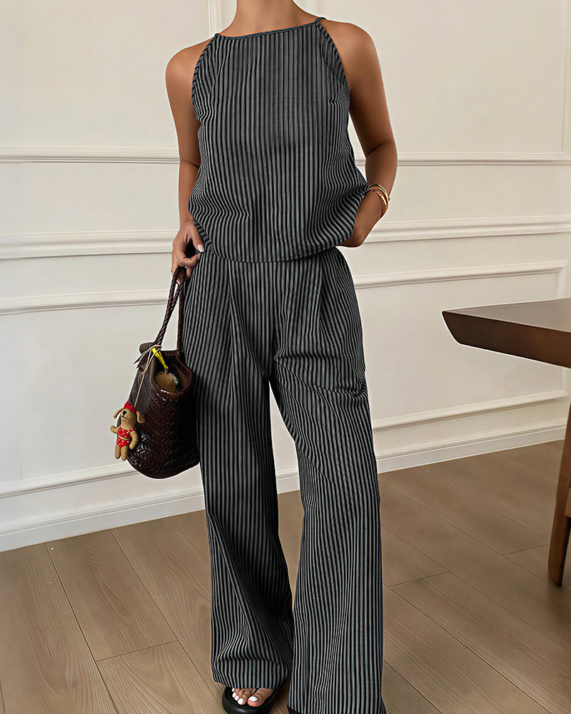 Willluxe® Minimalist Striped Drawstring Halter Top & Wide Leg Pants Set
