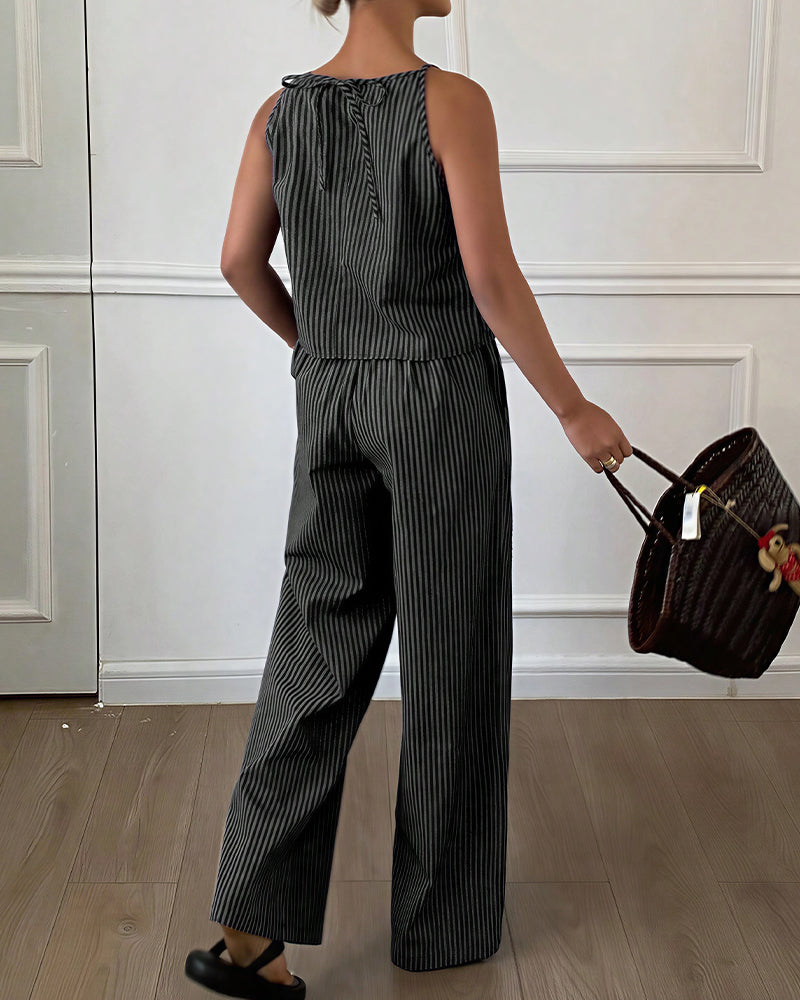 Willluxe® Minimalist Striped Drawstring Halter Top & Wide Leg Pants Set