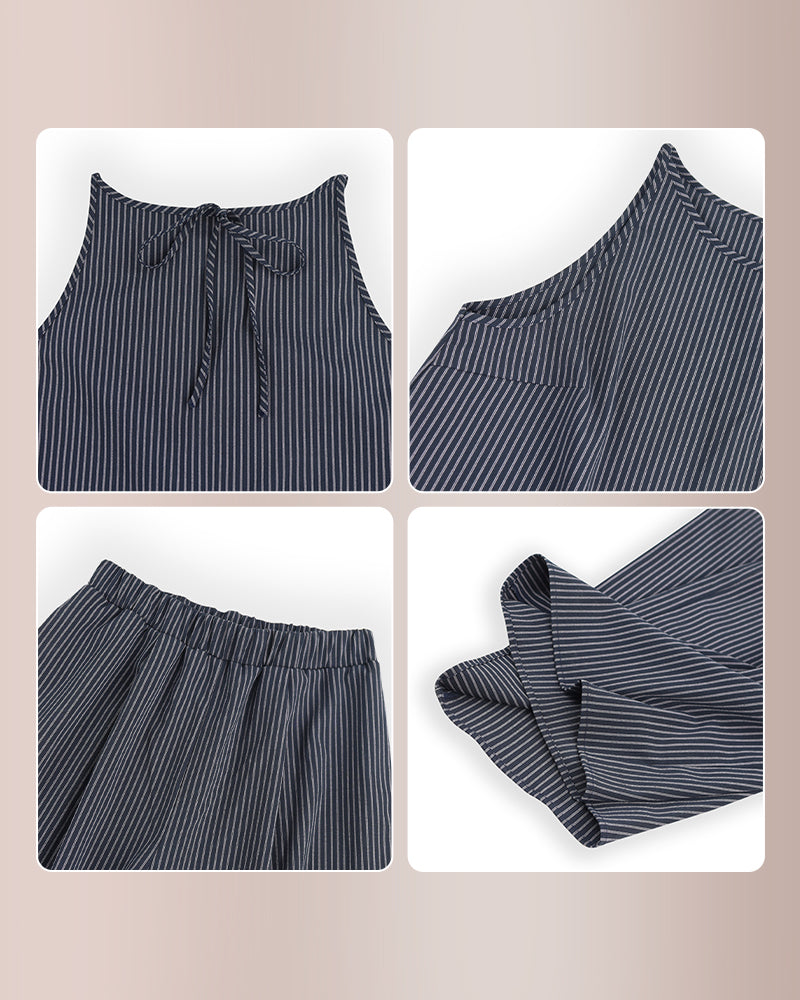 Willluxe® Minimalist Striped Drawstring Halter Top & Wide Leg Pants Set