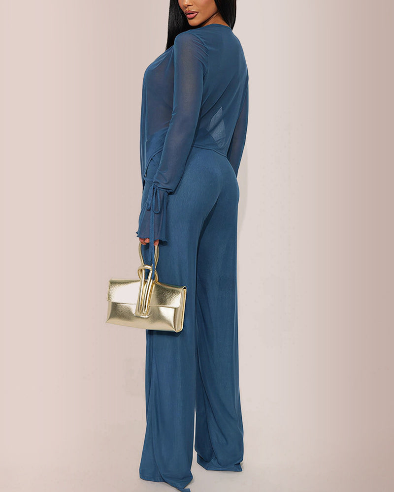 Willluxe® Siren Sheer Mesh Deep-V Flared Pant Set