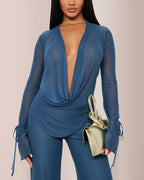 Willluxe® Siren Sheer Mesh Deep-V Flared Pant Set