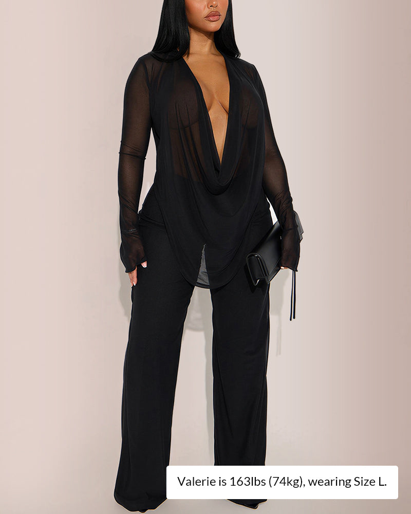 Willluxe® Siren Sheer Mesh Deep-V Flared Pant Set