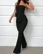 Willluxe® Textured Knit Strapless Slit Top & High-Waist Flare Pants Set