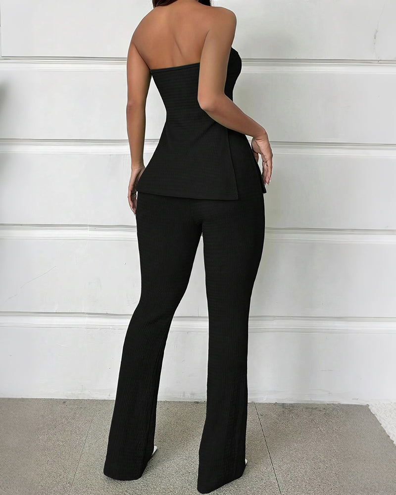 Willluxe® Textured Knit Strapless Slit Top & High-Waist Flare Pants Set