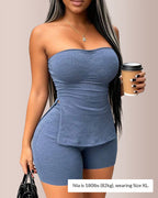Willluxe® Ribbed Strapless Split Tube Top and Shorts Two-Piece Set