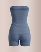Willluxe® Ribbed Strapless Split Tube Top and Shorts Two-Piece Set