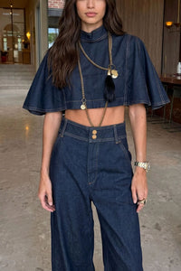 Willluxe® Modern Denim Capelet & High-Waist Tapered Pants Two-Piece Set