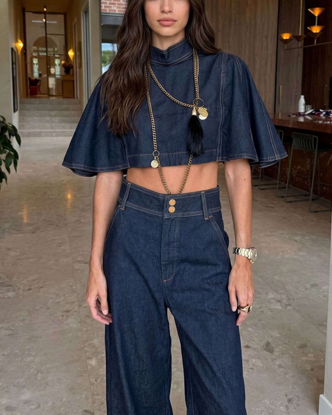 Willluxe® Modern Denim Capelet & High-Waist Tapered Pants Two-Piece Set