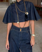 Willluxe® Modern Denim Capelet & High-Waist Tapered Pants Two-Piece Set
